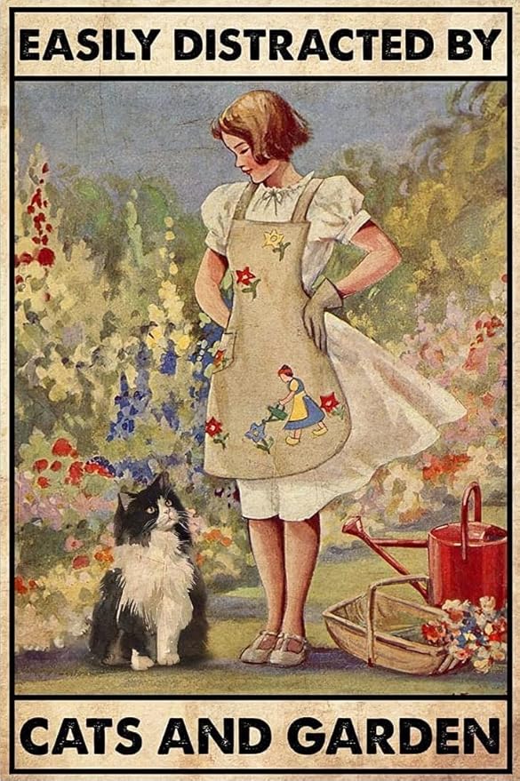 Vintage Cat In The Garden Easily Distracted By Cats And Garden Aluminum Sign For Coffee Home Wall Decor Metal Tin Sign 12x8 Inch, Multi