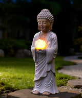 Nacome Solar Buddha Garden Statues with Lotus Flower: Resin Zen Decor Waterproof Sculpture Outdoor Light Design for Outside Patio Lawn Yard Balcony - 14.6 inches(White)