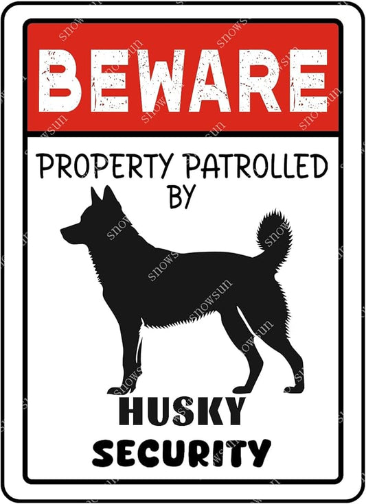 snowsun Vintage Metal Dog Signs Beware Property Patrolled By Husky Security Funny Tin Sign Wall Decor for Home Yard Garden Farm Street Outside 8×12 Inches