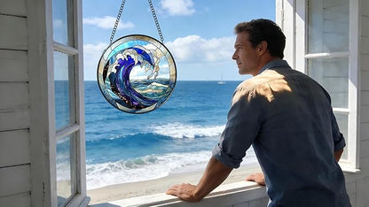 Stained Glass Window Hanging - Huge Waves and Turbulent Seas 6.3 Inches Suncatcher for Garden Home Decor for Women Mon Grandma Friends