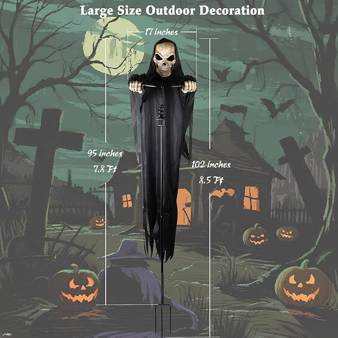 LarpGears Outdoor Halloween Skeleton Decorations, 7.8Ft Flying Rotated Skull Reaper Ghost Scarecrow Decorations for Garden, Porch, Yard