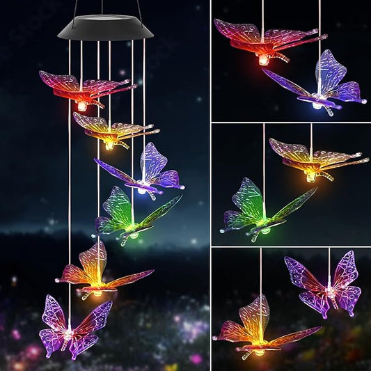 Colorful Solar Butterfly Wind Chimes for Outside Birthday Gifts for Mom Women Changing Waterproof Lights LED Wind Chime Outdoor Decor for Garden Lawn Patio Yard