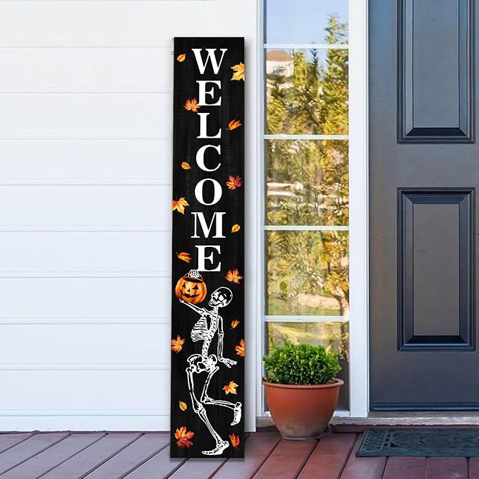 Funny Skull Porch Sign Halloween Skeleton Welcome Sign for Patio, Fall Decorations Wooden Front Door Signs Outdoor Pumpkin Standing Yard Sign Seasonal Vertical Signs for Holiday Wall Party Decor
