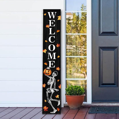 Funny Skull Porch Sign Halloween Skeleton Welcome Sign for Patio, Fall Decorations Wooden Front Door Signs Outdoor Pumpkin Standing Yard Sign Seasonal Vertical Signs for Holiday Wall Party Decor
