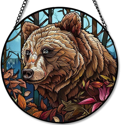 Stained Glass Window Hanging Bear with Leaves， 7.8in Sun Catchers Panel for Indoor Decorative Display for Mom， Wife， Lovers， Festive