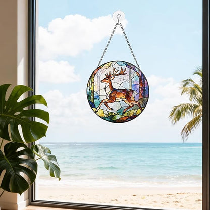 Stained Glass Window Hanging, Deer Circular Painted Glass Suncatcher with Chain & Suction Cup for Home Garden Door Decor, Birthday for Women Men Mom 7.8 in