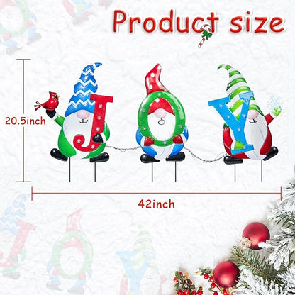 WONDER GARDEN Christmas Yard Stakes, 3 PCS Metal Yard Signs, Xmas Gnomes with Joy and Led Light Christmas Yard Decorations for Lawn Party Decorations