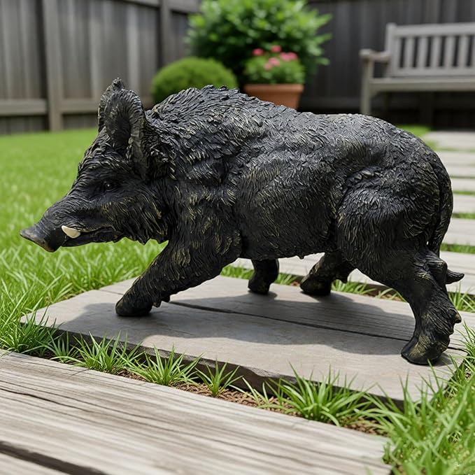 Large Wild Boar Garden Statue - 21.26" L x 12.2" H Faux Boar Sculpture, Realistic Resin Wildlife Figurine Ornament for Outdoor Decor, Yard Art Craft for Patio Lawn Porch