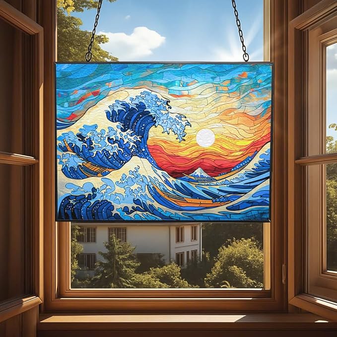 Rectangle Ocean Wave Stained Glass Suncatcher 4 Season Colorful Window Wall Ornament Hand-Painted Glass Panel Decor Gift for Women Christmas Thanksgiving Gift 15"x11"