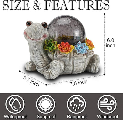 Solar Turtle Garden Statue Lights for Outdoor Decor with Cracked Glass LED Figurine Lighting Resin Succulent Tortoise Decorations Patio Lawn Yard Housewarming Mom Gifts (Grey, Large)