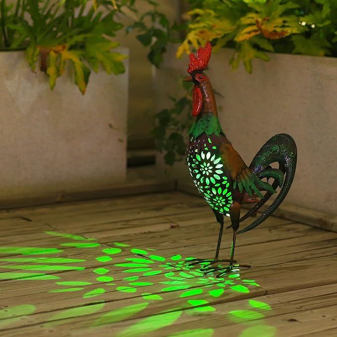Solar Animal Lights Outdoor-18.2" Big Rooster Figurine Garden Decor with Metal Yard Art.Rooster Statue Light for Pathway Patio Backyard Decoration Lawn Ornaments