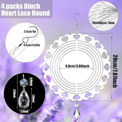 4Pack 8inch Sublimation Wind Spinner Blanks 3D Aluminum Metal Wind Sculpture Kinetic Spinners for Yard and Garden Indoor Art Ornaments Hanging Decoration (Heart Lace Round)