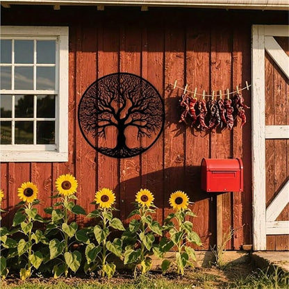 WPCJREU Black Metal Tree of Life Wall Art - Large Outdoor Weather-Resistant Iron Decor with Intricate Leaf Design for Garden, Patio, Porch, Nature-Themed Christmas Decor(40CM/16INCH)
