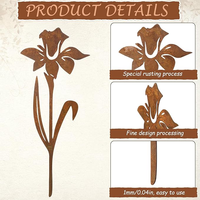 5 Pcs Rusty Metal Flowers and Plants, Rusty Rustic Metal Flowers Signs for Outside Yard Art Gift for Yard Decorative Garden Stakes Potted Plants Walkway and Garden