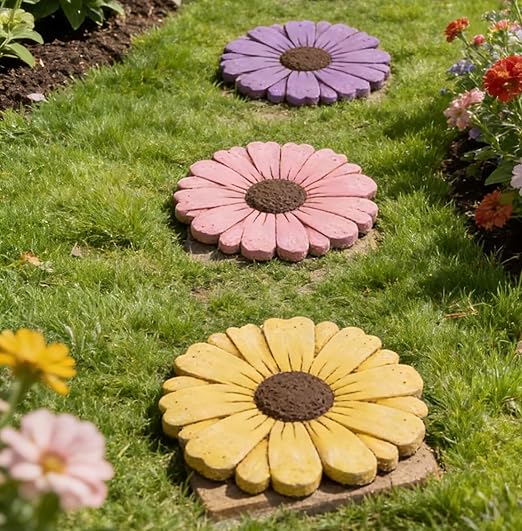 Landoraloria Cement Flower Stepping Stone 10” Daisy Garden Path Stone for Yard & Walkway Handcrafted Non-Slip Outdoor Patio Decor Weather-Resistant Cement Stone (Yellow)