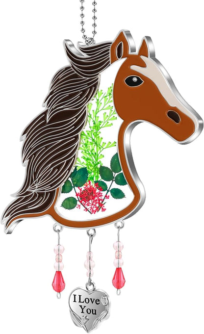 KY&BOSAM Horse Head Suncatcher Stained Glass Hand-Painted I Love You Suncatchers Ornament hangings Wind Chime with Pressed Flower Horse Embedded in Glass Window Mother`s Day Birthdays…