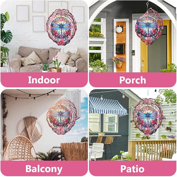 Dragonfly Wind Spinner, 3D Hanging Stainless Steel Garden Spinner, Wind Spinner Hanging for Outdoor & Indoor Décor, Unique Gifts for Yard Garden Decoration or Patio Décor (Dragonfly)