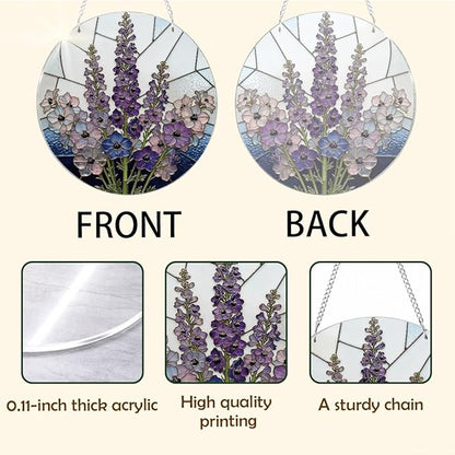 Purple Flower Window Hanging Suncatcher, Home Garden Hangings, Romantic Window Wall Art, Housewarming Gifts, for Mom Grandma Aunt, Acrylic Sun Catcher with Metal Chain