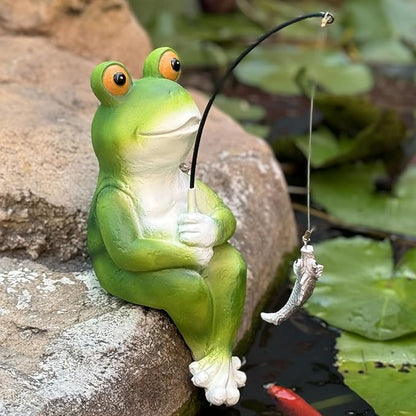 Garden Frog Pond Statue Decoration, Fishing Frog Garden Statue Outdoor Koi Pond or Waterfall Decor, 9.5" Frog Figurine Fishing Poolside Statue, Frog Gifts for Mom