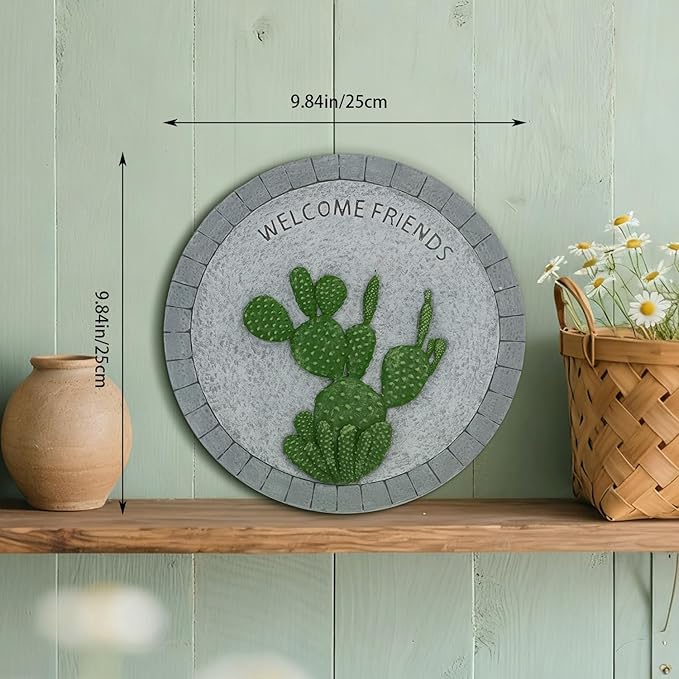 Landoraloria Cement Garden Stepping Stones Outdoor 10” Round Welcome Path Stones with Succulent Design Outdoor Yard & Patio Decor Hand-Painted Cactus Welcome Sign