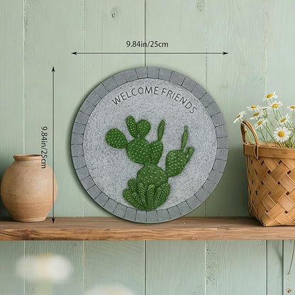 Landoraloria Cement Garden Stepping Stones Outdoor 10” Round Welcome Path Stones with Succulent Design Outdoor Yard & Patio Decor Hand-Painted Cactus Welcome Sign