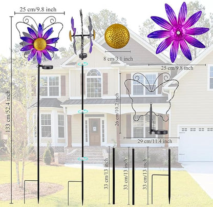 Solar Wind Spinners Outdoor,Butterfly Garden Windmill Metal Flower Wind Sculptures for Yard Art Lawn Decor(Purple)