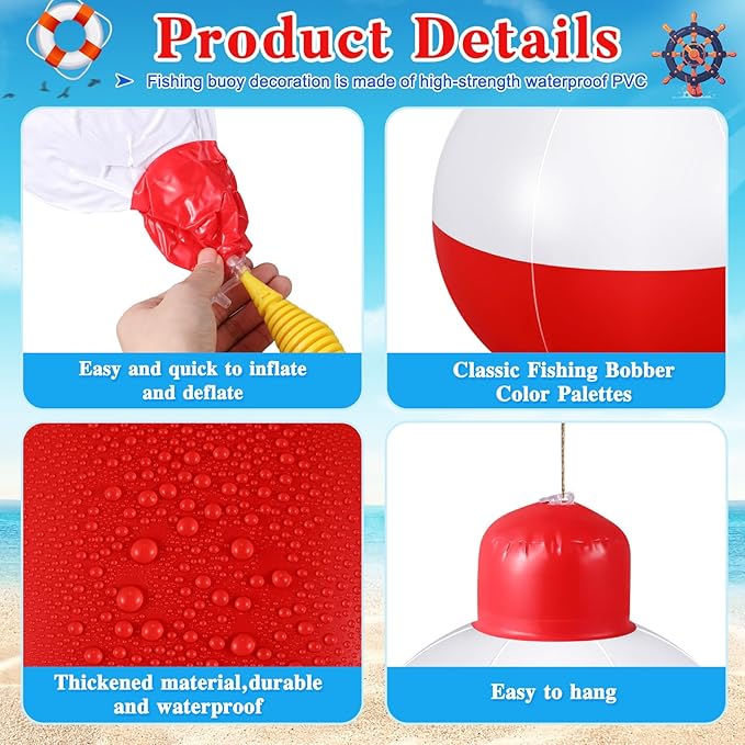 Jetec 6 Pcs 12 Inch Inflatable Fishing Bobber Balloons Decorations Outdoor Inflatable Red White Hanging Ornaments for Fishermen Birthday Party Yard Decoration Party Favors Supplies
