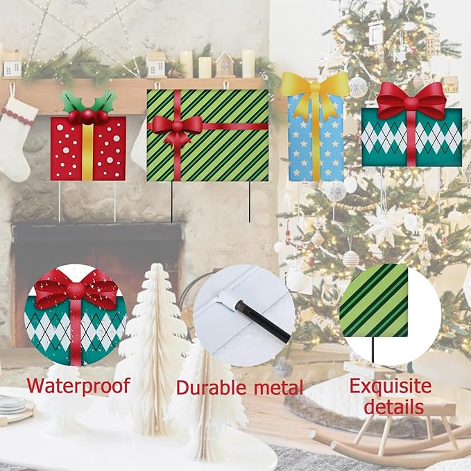 Afirst Christmas Yard Stakes Gift Box Christmas Yard Decorations Detachable 4 Stacked Gifts Boxes Metal Yard Stakes Outdoor Xmas Stake for Lawn Pathway Outdoor Decoration