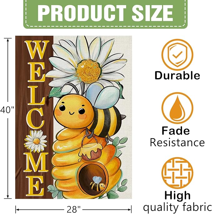 Dyrenson Welcome Spring Summer Bumble Bee 28 x 40 House Flag Double Sided, Daisy Flower Honeycomb Garden Yard Decorations, Farmhouse Honey Floral Burlap Outdoor Decor Decorative Large Flag
