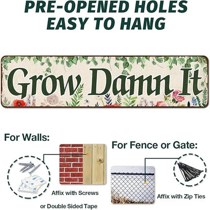Grow Damn It! Garden Sign Mom Plaque, Gardening Signs Vintage Decor Dads Decorative Plaques, Funny Decoration Herbs Fruit Flowers Vegetables Produce Gift 4" x 16"