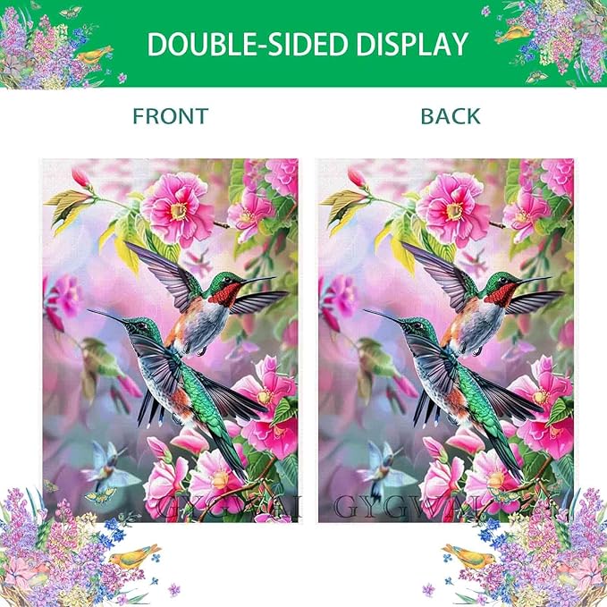 Hummingbird Spring House Flag for Outside 28x40 Inch Double Sided Floral Birds Yard Outdoor Flag for Seasonal Farmhouse Outdoor Decoration