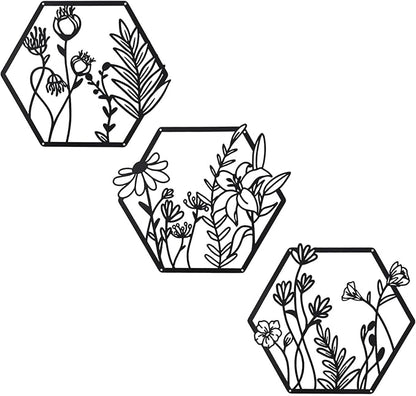 OYEFLY 3 Pcs Metal Flower Wall Decor,Farmhouse Flower Art (Black)