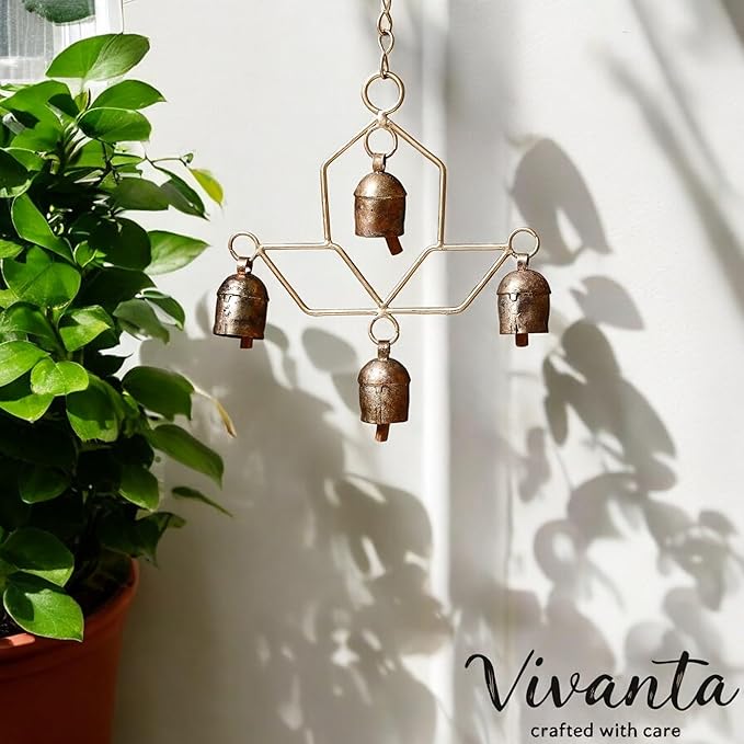 Handmade Wind Chime Bell – Rustic Hanging 4 Bell for Porch, Garden, Balcony, Christmas Decor – Farmhouse Jingle Bells, Witch Bells, Lucky Cow Bells, Boho Ornament Indoor Outdoor - 8 x 4 Inch