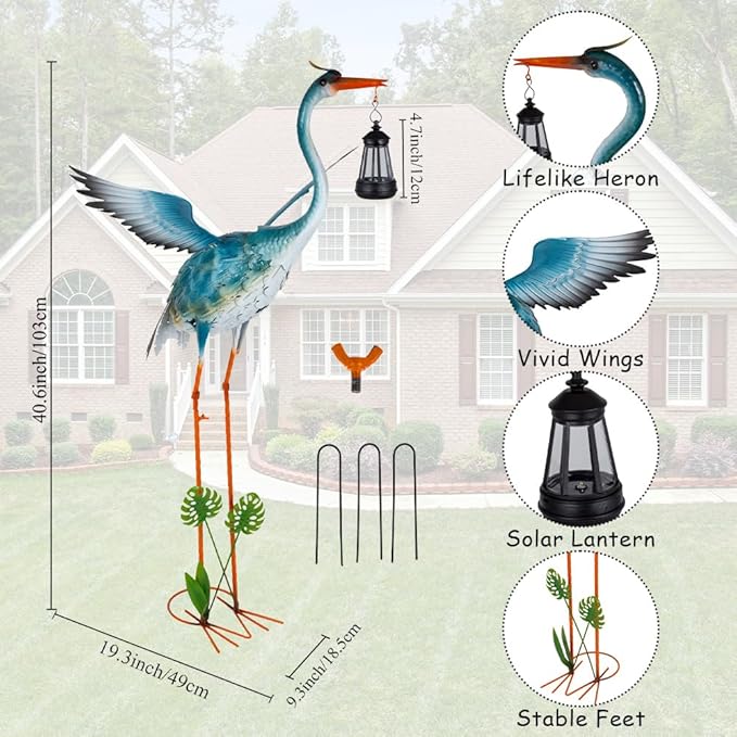 DREAMSOUL Solar Garden Statues 40.6 Inch Tall Heron Outdoor Statues, Metal Crane Statue for Garden, Patio, Yard Decor