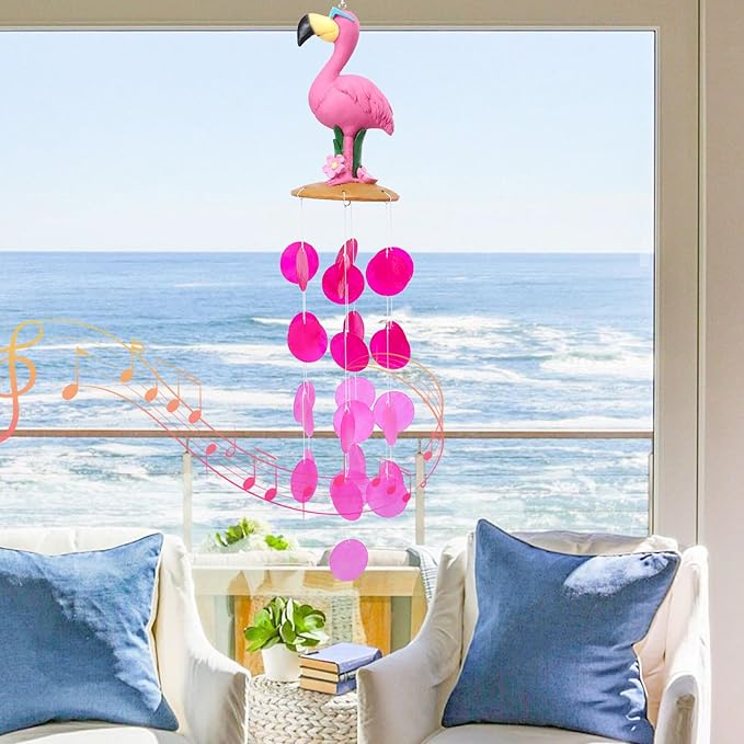 MUMTOP Wind Chimes for Outside, Flamingo Wind Chime, Tropical Pink Capiz Shell Windchimes for Patio, Outdoor,Garden,Yard,Coastal,Window,Home Decor or Gifts for Women