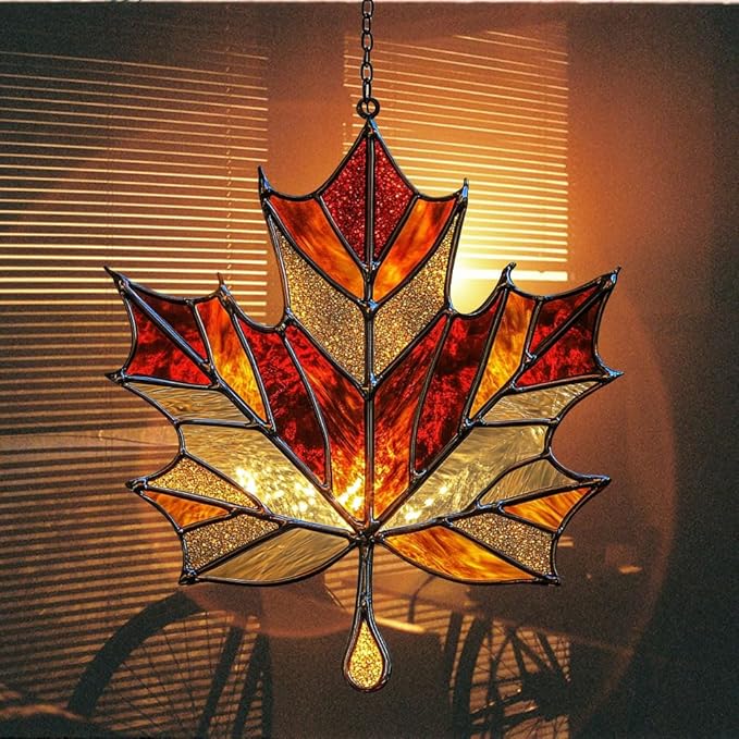 Autumn Maple Leaf Acrylic Suncatcher Stained Glass Effect Window Car Hanging Christmas Ornament Indoor Outdoor Decor Garden Sun Catcher Panel for Maple Leaf Lover for Women Mom Grandma