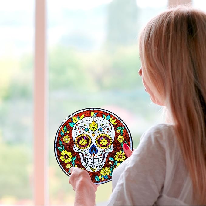 Dia De Los Muertos Sugar Skull Stained Glass Window Hanging Skull Sun Catcher Halloween Decor Halloween Home Decoration Suncatchers for Garden Home Windows Hanging, 7.87inch