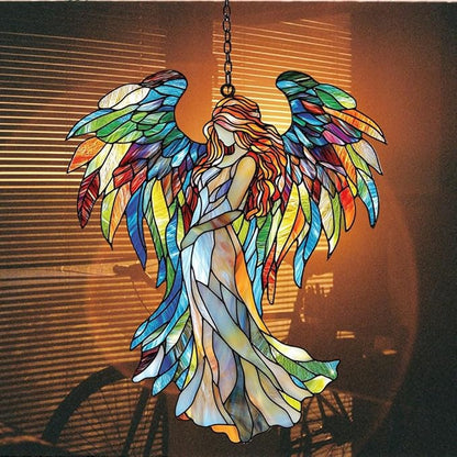 Rainbow Wing Angel Acrylic Suncatcher Stained Glass Effect Window Car Hanging Christmas Ornament Indoor Outdoor Decor Garden Sun Catcher Panel for Angel Lover for Women Mom Grandma