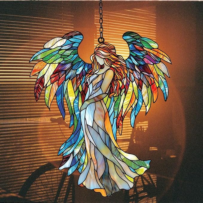 Rainbow Wing Angel Acrylic Suncatcher Stained Glass Effect Window Car Hanging Christmas Ornament Indoor Outdoor Decor Garden Sun Catcher Panel for Angel Lover for Women Mom Grandma