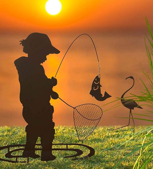 Wind & Weather Boy Fishing Silhouette Metal Garden Stake – Handcrafted Black Matte Metal Outdoor Decor – Features a Moving Fish Detail – Built-in Stakes for Easy Placement – 26" L x 0.5" W x 36" H