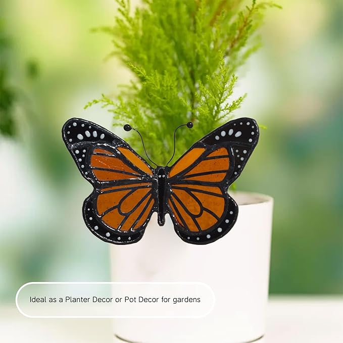 Lolitarcrafts Stained Glass Butterfly Suncatcher-Monarch or Luna Moth Design for Indoor and Outdoor Plant Decoration,Colorful Glass Plant Pot Ornament, Plant Lovers Gifts (Orange Monarch)