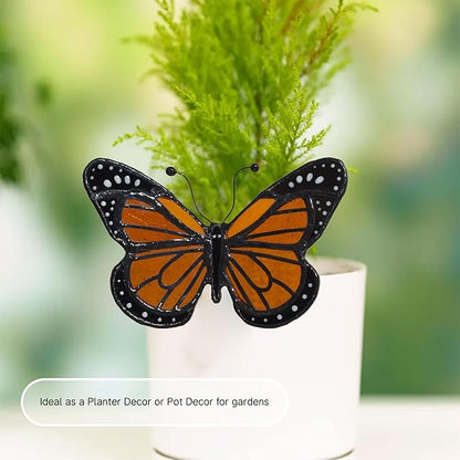 Lolitarcrafts Stained Glass Butterfly Suncatcher-Monarch or Luna Moth Design for Indoor and Outdoor Plant Decoration,Colorful Glass Plant Pot Ornament, Plant Lovers Gifts (Orange Monarch)
