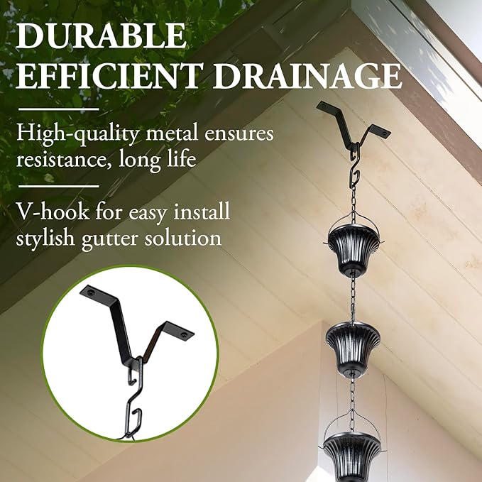 MyGift 10 ft Decorative Rain Chains with 15 Ribbed Bell Cups and V-Hook, Black Metal Rainwater Downspout Replacement for Outside House Gutter Drain Spout