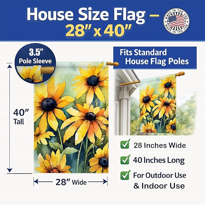 Caroline's Treasures Maryland Black-Eyed Susans in Watercolor House Flag Large Porch Sleeve Pole Decorative Outside Yard Banner Artwork Wall Hanging, Polyester, House Size, Multicolor