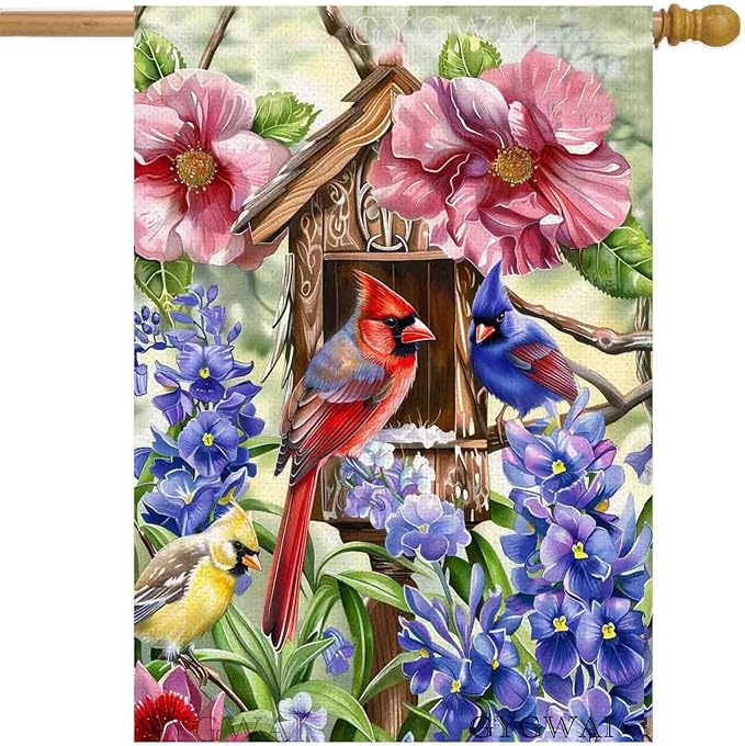 Spring Cardinal Bird House Flag 28x40 Inch Double Sided for Outside, Colorful Floral Large Burlap Yard Flag for Farmhouse Holiday Outside Outdoor Decorations