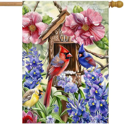 Spring Cardinal Bird House Flag 28x40 Inch Double Sided for Outside, Colorful Floral Large Burlap Yard Flag for Farmhouse Holiday Outside Outdoor Decorations