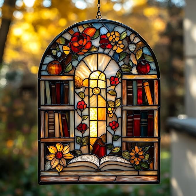 Antique Library Bookshelf Acrylic Suncatcher Stained Glass Effect Window Car Hanging Christmas Ornament Indoor Outdoor Decor Garden Sun Catcher Panel for Book Lover for Women Mom Grandma