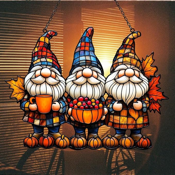 Autum Gnome Punpkin Acrylic Suncatcher Stained Glass Effect Window Car Hanging Christmas Ornament Indoor Outdoor Decor Garden Sun Catcher Panel for Acrylic Suncatcher Lover for Women Mom Grandma