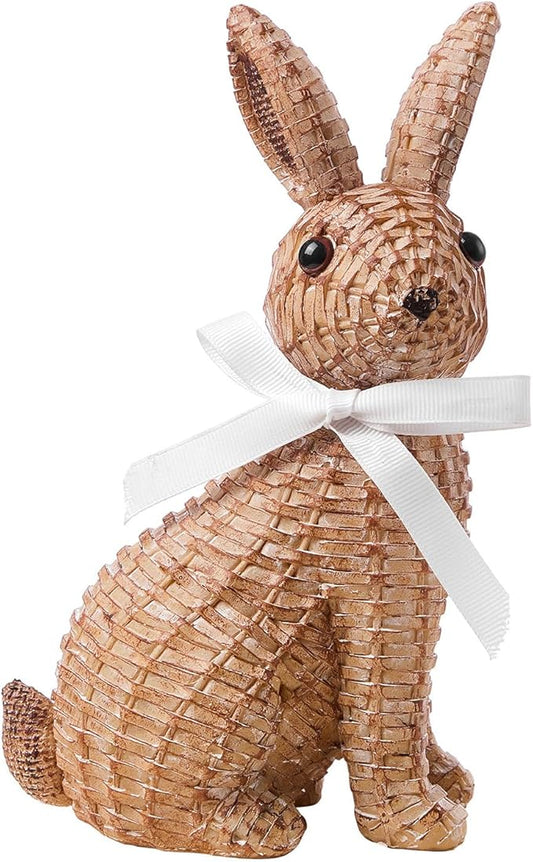 Rattan Rabbit Woven Rabbit Bow Resin Ornaments for Home Courtyard Lawn Tabletop and Easter Decoration to Enhance The Easter Atmosphere Preferred Easter Gifts (8.1in Brown Seat)