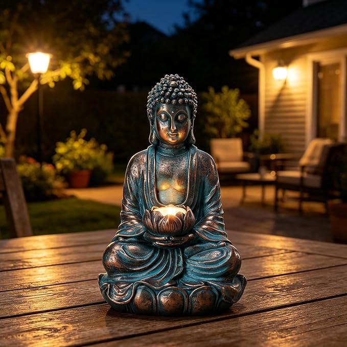 Bshine Solar Buddha Statue Outdoor Lights - 11x6 Inch Waterproof Garden Statue with Lotus, Meditation Zen Spiritual Room Decor for Yard